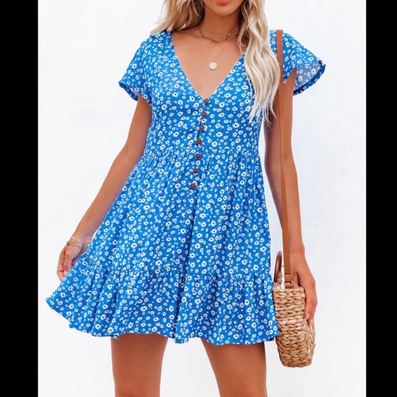 Vici Sky to Moon Deep Dive Button Down Blue Floral Babydoll Dress New - Picture 2 of 14